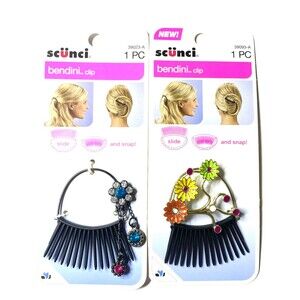 2 - Scunci Bendini w/ Jewel & w/ Flower Snap Comb Hair Clips - Slide & Snap